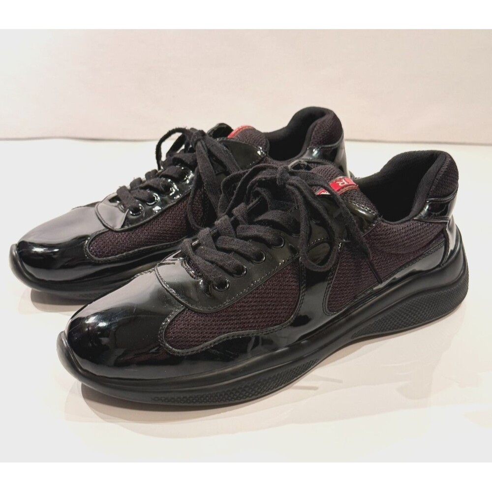Prada Mens Americas Cup Black Patent Leather Mesh Lace-Up Sneakers US 7